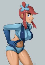 Rule 34 | 1girl, blue eyes, breasts, creatures (company), crop top, game freak, gloves, grey background, hands on own hips, highres, large breasts, long hair, nintendo, pokemon, pokemon bw, red hair, short shorts, shorts, skyla (pokemon), teeth, thighs, triplestabber