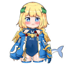 Rule 34 | 1girl, bailingxiao jiu, bare shoulders, blonde hair, blue eyes, blue jacket, blue leotard, blue thighhighs, blush, character request, covered navel, cropped legs, gauntlets, gluteal fold, groin, hood, hood down, hooded jacket, jacket, laurel crown, leotard, long sleeves, looking at viewer, off shoulder, open clothes, open jacket, open mouth, puffy long sleeves, puffy sleeves, roman numeral, short hair, simple background, single gauntlet, sleeves past wrists, solo, sweat, tail, thighhighs, warhammer 40k, wet, wet hair, white background, yellow wings