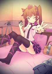 Rule 34 | 1girl, akakage red, ass, bag, bed, black thighhighs, blush, breasts, brown hair, cellphone, checkered clothes, checkered skirt, chromatic aberration, clothes, condom, condom packet strip, condom wrapper, earrings, fang, hair ribbon, handbag, hat, himekaidou hatate, jewelry, leg ribbon, long hair, looking at viewer, miniskirt, necktie, on bed, one eye closed, outstretched arm, panties, pantyshot, phone, pink panties, puffy sleeves, purple eyes, ribbon, shirt, short sleeves, sitting, skirt, small breasts, smile, solo, thighhighs, tissue, tissue box, tokin hat, touhou, twintails, underwear, v, zettai ryouiki