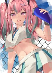 Rule 34 | 1girl, :d, absurdres, azur lane, bad id, bad pixiv id, bare shoulders, bottle, breasts, bremerton (azur lane), bremerton (scorching-hot training) (azur lane), cameltoe, chain-link fence, cowboy shot, crop top, crop top overhang, fence, grey panties, hair ornament, hairclip, highres, holding, large breasts, long hair, looking at viewer, midriff, miniskirt, multicolored hair, mushpz, navel, open mouth, panties, pink eyes, pink hair, pleated skirt, shirt, skirt, sleeveless, sleeveless shirt, smile, solo, stomach, twintails, two-tone hair, underboob, underwear, white shirt, white skirt, x hair ornament