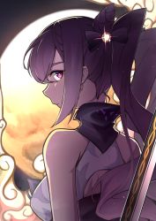 Rule 34 | 1girl, absurdres, commentary request, detached sleeves, double bun, earrings, from behind, genshin impact, hair bun, hair ornament, highres, jewelry, keqing (genshin impact), long hair, looking at viewer, looking back, purple eyes, purple hair, sidelocks, solo, sword, twintails, weapon, yuking