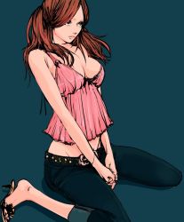 Rule 34 | 1girl, brown hair, camisole, denim, fashion, high heels, jeans, lingerie, long hair, midriff, negligee, open shoes, pants, sandals, shoes, sitting, solo, takenaka, underwear