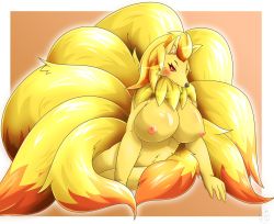 Rule 34 | 1girl, artist request, blonde hair, breasts, creatures (company), furry, furry female, game freak, gen 1 pokemon, highres, multicolored hair, ninetales, nintendo, nipples, nude, pokemon, pokemon (creature), red eyes, red hair, smile, solo, two-tone hair