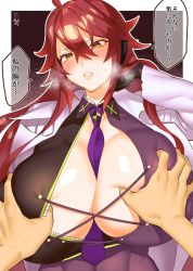 Rule 34 | 1girl, ahoge, angry, blush, breasts, cleavage, grabbing, grabbing another&#039;s breast, highres, huge breasts, hundred (light novel), lips, necktie, red hair, vitaly tynyanov, w nijuuyon