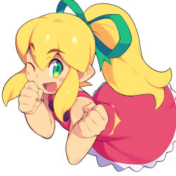 Rule 34 | 1girl, ;d, bare shoulders, blonde hair, blush stickers, clenched hands, dress, flat chest, frilled dress, frills, green eyes, green ribbon, hair between eyes, hair ribbon, long hair, looking at viewer, mega man (classic), mega man (series), metata, one eye closed, open mouth, ponytail, red dress, ribbon, roll (mega man), sidelocks, simple background, sleeveless, sleeveless dress, smile, solo, thick eyebrows, white background