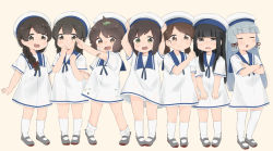 Rule 34 | 6+girls, aged down, aoshima sakana, arms up, bandaid, bandaid on face, black eyes, black hair, blue sailor collar, blush, brown eyes, brown hair, closed eyes, closed mouth, commentary request, cosplay, crossed arms, crying, crying with eyes open, dirty, dirty clothes, dress, fubuki (kancolle), full body, green eyes, hair ribbon, hands on headwear, hat, hatsuyuki (kancolle), hiburi (kancolle), hiburi (kancolle) (cosplay), isonami (kancolle), kantai collection, kneehighs, leaf, leaf on head, lineup, looking at viewer, low ponytail, miyuki (kancolle), multiple girls, murakumo (kancolle), open mouth, panties, pantyshot, ribbon, sailor collar, sailor dress, sailor hat, shikinami (kancolle), shirayuki (kancolle), shoes, short hair, short sleeves, silver hair, simple background, smile, socks, standing, tears, tress ribbon, underwear, uranami (kancolle), white dress, white headwear, white legwear, white panties