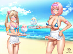 Rule 34 | 2girls, apron, bar censor, beach, bikini, bikini top only, blonde hair, blue bikini, blue eyes, blue sky, blush, breasts, censored, cum, cum on food, daisy mitsumata, dated, day, erection, food, foreskin, futanari, grin, hairband, highres, holding, holding tray, large breasts, large penis, long hair, looking at viewer, multiple girls, original, outdoors, penis, penis size difference, phimosis, pink hair, purple hairband, shaved ice, short hair, sky, small breasts, smile, swimsuit, testicles, textless version, tray, twintails, water, white apron, white bikini