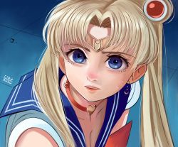 Rule 34 | 1girl, artist name, bishoujo senshi sailor moon, bishoujo senshi sailor moon s, blonde hair, blue eyes, blue sailor collar, breasts, choker, ciov, circlet, cleavage, commentary, crescent, crescent earrings, derivative work, earrings, english commentary, hair over shoulder, heart, heart choker, jewelry, long hair, looking at viewer, meme, parted bangs, parted lips, red choker, sailor collar, sailor moon, sailor moon redraw challenge (meme), sailor senshi uniform, screenshot redraw, solo, tile floor, tiles, tsukino usagi, upper body