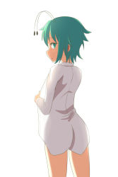 Rule 34 | 1girl, antennae, cato (monocatienus), commentary request, cowboy shot, dress shirt, from behind, green eyes, green hair, highres, long sleeves, looking at viewer, looking back, naked shirt, no pants, open clothes, open shirt, see-through silhouette, shirt, short hair, simple background, solo, touhou, white background, white shirt, wriggle nightbug