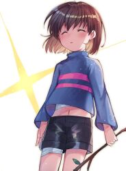 Rule 34 | 1girl, bandaged chest, bandaged leg, bandages, belly, black shorts, blue sweater, brown hair, closed eyes, frisk (undertale), holding, holding stick, long sleeves, navel, open mouth, short shorts, shorts, simple background, standing, stick, striped clothes, striped sweater, sweater, undertale, white background, xox xxxxxx