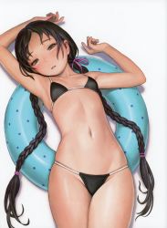 Rule 34 | 1girl, absurdres, armpits, arms up, bikini, black bikini, braid, breasts, brown eyes, brown hair, collarbone, cowboy shot, hair ribbon, hair tie, highres, innertube, long hair, looking at viewer, lying, murata range, navel, on back, original, parted bangs, parted lips, ribbon, scan, simple background, small breasts, solo, swim ring, swimsuit, twin braids, twintails, very long hair, white background