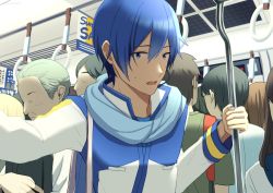 Rule 34 | 1boy, blue eyes, blue hair, blue nails, blue scarf, coat, commentary, crowd, faceless, faceless male, handrail, kaito (vocaloid), looking at viewer, male focus, nail polish, nokuhashi, open mouth, pole, pov, scarf, sweat, train, train interior, upper body, vocaloid, white coat