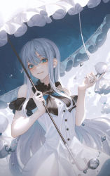Rule 34 | 1girl, armband, black bow, blue eyes, blurry, bow, bowtie, buttons, cloud, commentary, cowboy shot, depth of field, dress, frilled armband, frilled umbrella, frills, hands up, highres, holding, holding scissors, holding umbrella, long hair, looking at viewer, original, scissors, silver hair, sky, sleeveless, sleeveless dress, smile, solo, standing, symbol-only commentary, teruterubouzu, umbrella, water drop, white dress, yuka865
