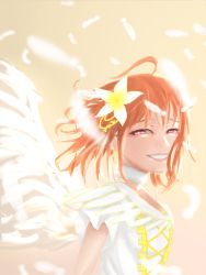 Rule 34 | 1girl, angel wings, artist name, artist request, brendan, dress, feathers, female focus, flower, hair flower, hair ornament, highres, looking at viewer, love live!, love live! sunshine!!, neck scrunchie, orange hair, parted lips, red eyes, short hair, smile, solo, takami chika, teeth, white dress, white feathers, wings
