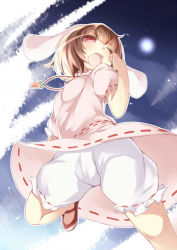 Rule 34 | 1girl, animal ears, bad id, bad pixiv id, bloomers, brown hair, rabbit ears, carrot, female focus, inaba tewi, one eye closed, open mouth, puffy sleeves, red eyes, ribbon-trimmed clothes, ribbon-trimmed sleeves, ribbon-trimmed underwear, ribbon trim, salt lemon, short hair, short sleeves, solo, touhou, underwear, wink