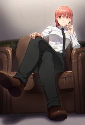 Rule 34 | 1girl, black necktie, black pants, brown footwear, chainsaw man, collared shirt, couch, crossed legs, formal, highres, indoors, kamille (vcx68), long hair, long sleeves, looking at viewer, makima (chainsaw man), necktie, on couch, pants, red hair, shirt, shoes, sitting, smile, solo, yellow eyes