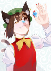 Rule 34 | 1girl, absurdres, animal ears, balancing on nose, bob cut, bow, bowtie, brown hair, cat ears, cat girl, cat tail, chen, closed mouth, frilled hat, frills, green hat, hand up, hat, highres, holding, holding toy, juliet sleeves, long sleeves, looking up, marble (toy), mob cap, multiple tails, one eye closed, orange eyes, partially shaded face, puffy sleeves, red nails, red vest, s u d, shirt, short hair, slit pupils, solo, spiral background, standing, tail, tail raised, touhou, toy, two tails, upper body, vest, wavy mouth, white shirt, yellow bow, yellow bowtie