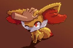 Rule 34 | animal ear fluff, animal focus, backlighting, brown background, creatures (company), disembodied limb, fennekin, full body, game freak, gen 6 pokemon, hand on another&#039;s head, headpat, leaning forward, looking at another, looking up, nintendo, no humans, one eye closed, pixel art, pokemon, pokemon (creature), red eyes, simple background, sitting, solo focus, wisgarus