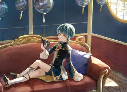 Rule 34 | 1boy, asymmetrical bangs, blue hair, blue shorts, book, boots, bridal garter, brooch, commentary request, couch, frilled shirt collar, frilled sleeves, frills, fujito (call f ), genshin impact, high heels, highres, holding, holding book, jewelry, kneehighs, light particles, light rays, long coat, long sleeves, looking at viewer, male focus, pillow, ribbon, shirt, shorts, sitting, sleeves past fingers, sleeves past wrists, socks, solo, sunbeam, sunlight, vision (genshin impact), xingqiu (genshin impact), yellow eyes