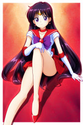 Rule 34 | 1girl, bare legs, bishoujo senshi sailor moon, black hair, border, choker, circlet, closed mouth, collarbone, collared shirt, elbow gloves, gloves, hand on own knee, high heels, highres, hino rei, long hair, long legs, looking at viewer, mimimix, miniskirt, outside border, pleated skirt, pumps, purple eyes, red background, red choker, red footwear, red sailor collar, red skirt, sailor collar, sailor mars, sailor senshi uniform, sailor shirt, shirt, sitting, skirt, smile, solo, very long hair, white border, white gloves, white shirt