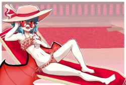 Rule 34 | 1girl, bat wings, beach chair, blood, blue hair, diving board, fangs, frills, glowing, glowing eyes, hands on own head, hat, highres, mansion, navel, noldvano, nolv, pool, pool of blood, red eyes, remilia scarlet, smoothie, sun hat, sunglasses, swimsuit, touhou, window, wings