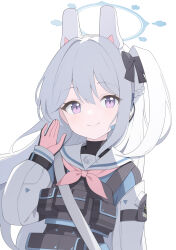 Rule 34 | 1girl, absurdres, black bow, blue archive, blue shirt, bow, braid, closed mouth, commentary request, grey hair, hair between eyes, hair bow, halo, headgear, headset, highres, jyt, long hair, long sleeves, looking at viewer, miyako (blue archive), neckerchief, one side up, pink neckerchief, puffy long sleeves, puffy sleeves, purple eyes, sailor collar, shirt, simple background, sleeves past wrists, smile, solo, upper body, very long hair, white background, white sailor collar