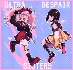 Rule 34 | 2girls, alternate costume, ankle boots, arm up, bandaid, bandaid on leg, bear necklace, black choker, black footwear, black hair, black shirt, blonde hair, blood, blood on clothes, blue background, blue eyes, blush, boots, border, bow, breasts, calf boots, choker, cleavage, coat, danganronpa: trigger happy havoc, danganronpa (series), ears, english text, enoshima junko, female focus, fingerless gloves, freckles, full body, garter straps, gloves, hair bow, hand up, highres, ikusaba mukuro, jacket, knee socks, legs, long hair, long sleeves, looking at viewer, looking back, medium hair, multicolored background, multiple girls, nose, open mouth, palms, pink blood, pink border, red bow, red skirt, shirt, siblings, simple background, sisters, skirt, tank top, thighhighs, tongue, twins, twintails, white thighhighs, yellow coat, yellow jacket