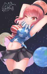 Rule 34 | 2girls, ;), absurdres, alternate costume, american flag shirt, armpits, arms up, black skirt, black thighhighs, breasts, clownpiece, cowboy shot, earth (ornament), harunoha, hecatia lapislazuli, highres, impossible clothes, medium breasts, midriff, miniskirt, moon (ornament), multicolored clothes, multicolored skirt, multiple girls, navel, neck ruff, one eye closed, outdoors, panties, red hair, skirt, smile, solo focus, thighhighs, touhou, underwear, white panties