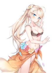 Rule 34 | 1girl, absurdres, against wall, ahoge, alternate hairstyle, bikini, black bikini, blonde hair, blue eyes, blush, braid, braided bangs, breasts, cleavage, closed eyes, collarbone, crown braid, flower, french braid, g36 (50 days with g36) (girls&#039; frontline), g36 (girls&#039; frontline), girls&#039; frontline, hair flower, hair ornament, hansal, highres, light smile, long hair, looking at viewer, maid, maid bikini, maid headdress, medium breasts, navel, official alternate costume, petals, ponytail, sarong, sidelocks, simple background, smile, solo, standing, stomach, swimsuit, unconventional maid, white background