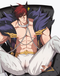 Rule 34 | 1boy, abs, absurdres, animal ears, bara, brown hair, chain, character name, closed mouth, collar, couch, feather boa, highres, large pectorals, league of legends, male focus, metal collar, muscular, muscular male, navel, nipple chain, nipples, on couch, pants, pectorals, reverse newhalf, ryub, scar, scar on face, scar on nose, sett (league of legends), short hair, sitting, solo, spread legs, vibrator, vibrator under clothes, white pants