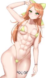 Rule 34 | 1girl, abs, absurdres, arm up, armpits, bare shoulders, bikini, blush, bracelet, breasts, collarbone, etie (fire emblem), fire emblem, fire emblem engage, frown, green eyes, groin, hair ornament, highleg, highleg bikini, highres, jewelry, long hair, looking at viewer, lying, medium breasts, micro bikini, muscular, muscular female, nintendo, orange hair, sharen, simple background, solo, swimsuit, thick thighs, thighs, underboob, white background