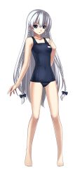 Rule 34 | 1girl, absurdres, alternate costume, ar tonelico, ar tonelico i, barefoot, blue eyes, bow, braid, commentary, cross edge, feet, full body, gust, hair bow, highres, hirano katsuyuki, long hair, nakamura tatsunori, official art, one-piece swimsuit, school swimsuit, shurelia (ar tonelico), simple background, solo, standing, swimsuit, twin braids, very long hair, white hair