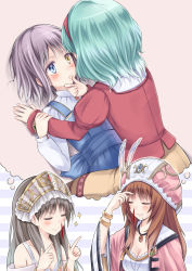 Rule 34 | 4girls, atelier (series), atelier lilie, atelier rorona, atelier totori, back, bare shoulders, black hair, blood, blue eyes, blush, bracelet, breasts, brooch, brown hair, cleavage, closed eyes, female focus, girl on top, grabbing another&#039;s chin, green hair, hairband, hand on another&#039;s chin, hat, hermina (atelier), heterochromia, in-franchise crossover, ingrid (atelier), jewelry, long hair, lying, medium breasts, multiple girls, necklace, nosebleed, on back, pointing, rororina fryxell, short hair, small breasts, smile, suzushiro yukari, tears, thought bubble, totooria helmold, yellow eyes, yuri