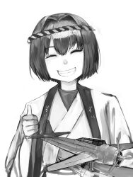 Rule 34 | 1girl, aircraft, airplane, black ribbon, closed eyes, commentary, greyscale, hakama, highres, hyuuga (kancolle), japanese clothes, kantai collection, kurou (bcrow), monochrome, nontraditional miko, ribbon, short hair, smile, thumbs up, zuiun (kancolle)