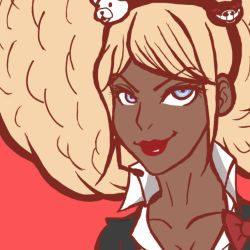 Rule 34 | 1girl, afro, afro puffs, bear hair ornament, black hairband, black headband, black headwear, blonde hair, blue eyes, bow, bowtie, breasts, cleavage, close-up, collarbone, collared shirt, danganronpa (series), danganronpa another episode: ultra despair girls, dark-skinned female, dark skin, eyebrows, hair ornament, hairband, headband, headset, headwear request, highres, lips, lipstick, makeup, microphone, neck, red background, red bow, red lips, second generation enoshima junko, shirt, simple background