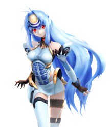 Rule 34 | 1girl, android, bare shoulders, blue hair, breasts, commentary request, cyborg, erufa (pixiv), forehead protector, gloves, highres, kos-mos, long hair, looking at viewer, medium breasts, red eyes, solo, standing, very long hair, xenosaga