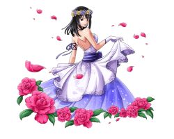 Rule 34 | 1girl, arm ribbon, black hair, blue eyes, blue flower, blue ribbon, bodskih, breasts, dress, flower, gloves, hair flower, hair ornament, head wreath, jewelry, long hair, looking at viewer, looking back, medium breasts, necklace, nico robin, one piece, one piece treasure cruise, petals, red flower, ribbon, sideboob, sleeveless, sleeveless dress, solo, standing, strapless, strapless dress, transparent background, white gloves, yellow flower