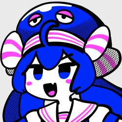 Rule 34 | 1girl, ahoge, blue eyes, blue hair, blush stickers, fang, halftone texture, inemuri (jdq5e), limited palette, long hair, looking ahead, no sclera, open mouth, otomachi una, otomachi una (sugar), outstretched arms, portrait, puffy short sleeves, puffy sleeves, sailor collar, short sleeves, simple background, skin fang, smile, solo, spread arms, thick outlines, twintails, v-shaped eyebrows, vocaloid