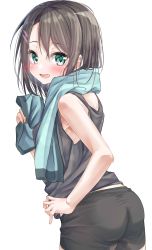Rule 34 | 1girl, ass, bang dream!, black shirt, black shorts, commentary, cowboy shot, from behind, green eyes, green towel, hair ornament, hairclip, hand on own hip, highres, holding, holding towel, kawai ritsu (rits meg), looking at viewer, looking back, medium hair, okusawa misaki, open mouth, shirt, short shorts, shorts, simple background, smile, solo, standing, sweat, tank top, towel, towel around neck, white background