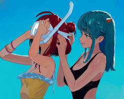 Rule 34 | 2girls, aqua hair, braid, breasts, cleavage, from side, goggles, green eyes, highres, hipa (some1else45), horns, long hair, medium breasts, multiple girls, nahia (some1else45), one-piece swimsuit, original, red hair, side braid, sidelocks, small breasts, smile, snorkel, snorkel in mouth, some1else45, swimsuit, upper body