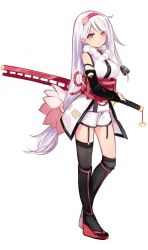 Rule 34 | 1girl, asymmetrical clothes, asymmetrical legwear, black thighhighs, detached sleeves, expressionless, flower, full body, garter straps, geta, hair flower, hair ornament, hairband, highres, japanese clothes, katana, kojiki-life, kubota (shirohime quest), long hair, looking at viewer, low-tied long hair, low ponytail, obi, official art, pink eyes, sash, sheath, sheathed, shirohime quest, shirt, short shorts, shorts, solo, sword, thighhighs, transparent background, uneven legwear, very long hair, weapon, wedge heels, white hair, white shirt