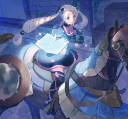 Rule 34 | 1girl, aisutabetao, black bow, black gloves, blonde hair, book, bow, crate, dress, elise (fire emblem), female focus, fire emblem, fire emblem fates, gloves, glowing, hair bow, highres, holding, holding book, horse, horseback riding, long hair, multicolored hair, nintendo, open book, open mouth, pink bow, purple eyes, purple hair, riding, saddle, solo, thighhighs, twintails
