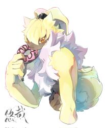 Rule 34 | belt, black belt, black nails, body fur, brown fur, curled tail, digimon, digimon (creature), doughnut, floppy ears, food, food on face, furry, hand up, highres, holding, holding food, orange eyes, simple background, solo, symbareangoramon, tied ears, white background, white fur, yellow fur, yellow tail, youzaiyouzai112