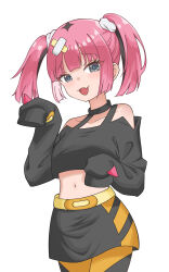 1girl :d absurdres belt blunt_bangs blush collarbone commentary_request coral_(pokemon) creatures_(company) cropped_shirt eyelashes fang game_freak grey_eyes hair_ornament happy highres long_sleeves midriff navel nintendo off-shoulder_shirt off_shoulder open_mouth pink_hair pokemon pokemon_(anime) pokemon_horizons ryu_(taiwan) shirt skin_fang skirt sleeves_past_fingers sleeves_past_wrists smile solo twintails yellow_belt