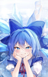 Rule 34 | 1girl, absurdres, blue bow, blue dress, blue eyes, blue hair, blush, bow, cirno, clenched teeth, commentary request, dress, hair between eyes, hair bow, hands on own cheeks, hands on own face, highres, ice, ice wings, looking at viewer, lying, neck ribbon, nenobi (nenorium), on stomach, red ribbon, ribbon, shirt, smile, snowflakes, socks, solo, teeth, touhou, white shirt, white socks, wings
