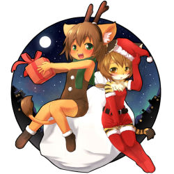 Rule 34 | antlers, belt, blush, buttons, cub, furry, gift, gloves, hat, horns, kagerofu, santa costume, santa hat, scarf, short hair, snow boots, tail, thighhighs, tiger