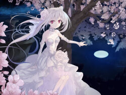 Rule 34 | 1girl, alternate costume, arm at side, bare shoulders, breasts, cherry blossoms, choker, closed mouth, coffee1223, colored eyelashes, commentary request, detached sleeves, dress, dress flower, feet out of frame, floating hair, flower, frilled choker, frills, full moon, grey hair, hair between eyes, hand up, highres, light smile, long dress, long hair, long sleeves, looking at viewer, moon, night, night sky, outdoors, red eyes, reflection, reflective water, ripples, sakurakouji luna, sitting, sky, sleeveless, sleeveless dress, small breasts, solo, tree, tsuki ni yorisou otome no sahou, very long hair, water, white choker, white dress, white flower, white sleeves