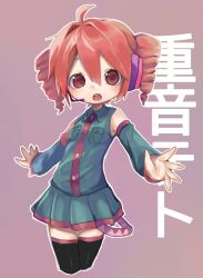 Rule 34 | 1girl, bare shoulders, black thighhighs, character name, chibi, cowboy shot, detached sleeves, drill hair, grey shirt, grey sleeves, headphones, kasane teto, looking at viewer, music, open mouth, outline, outstretched arms, pink trim, red background, red eyes, red hair, shirt, simple background, singing, solo, spread arms, thighhighs, translated, twin drills, upper body, urin (coconuts3252), utau, white outline
