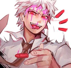 Rule 34 | 1boy, artist name, blood, blood on face, brown necktie, bullet, collared shirt, commentary, danganronpa (series), danganronpa 2: goodbye despair, english commentary, floating, floating object, gabby (moochisun), grey shirt, highres, hinata hajime, hinata hajime (awakened), looking at viewer, male focus, necktie, open mouth, pink blood, red eyes, shirt, short hair, simple background, solo, spiked hair, teeth, tongue, tongue out, upper body, upper teeth only, white background, white hair