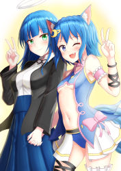 Rule 34 | 2girls, ;d, animal ear fluff, animal ears, bare shoulders, black jacket, blue hair, blue skirt, blush, breasts, cat ears, closed mouth, collared shirt, commentary, commission, dress shirt, english commentary, fang, green eyes, halo, highres, holding hands, interlocked fingers, jacket, long hair, long sleeves, looking at viewer, medium breasts, multiple girls, navel, one eye closed, open clothes, open jacket, open mouth, original, pleated skirt, prophosphere, purple eyes, shirt, showgirl skirt, skirt, small breasts, smile, tail, underboob, white shirt, white skirt